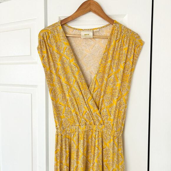 Anthropologie Maeve Fête Wrap Yellow Printed Asymmetrical Midi Dress XS EUC - Picture 4 of 9